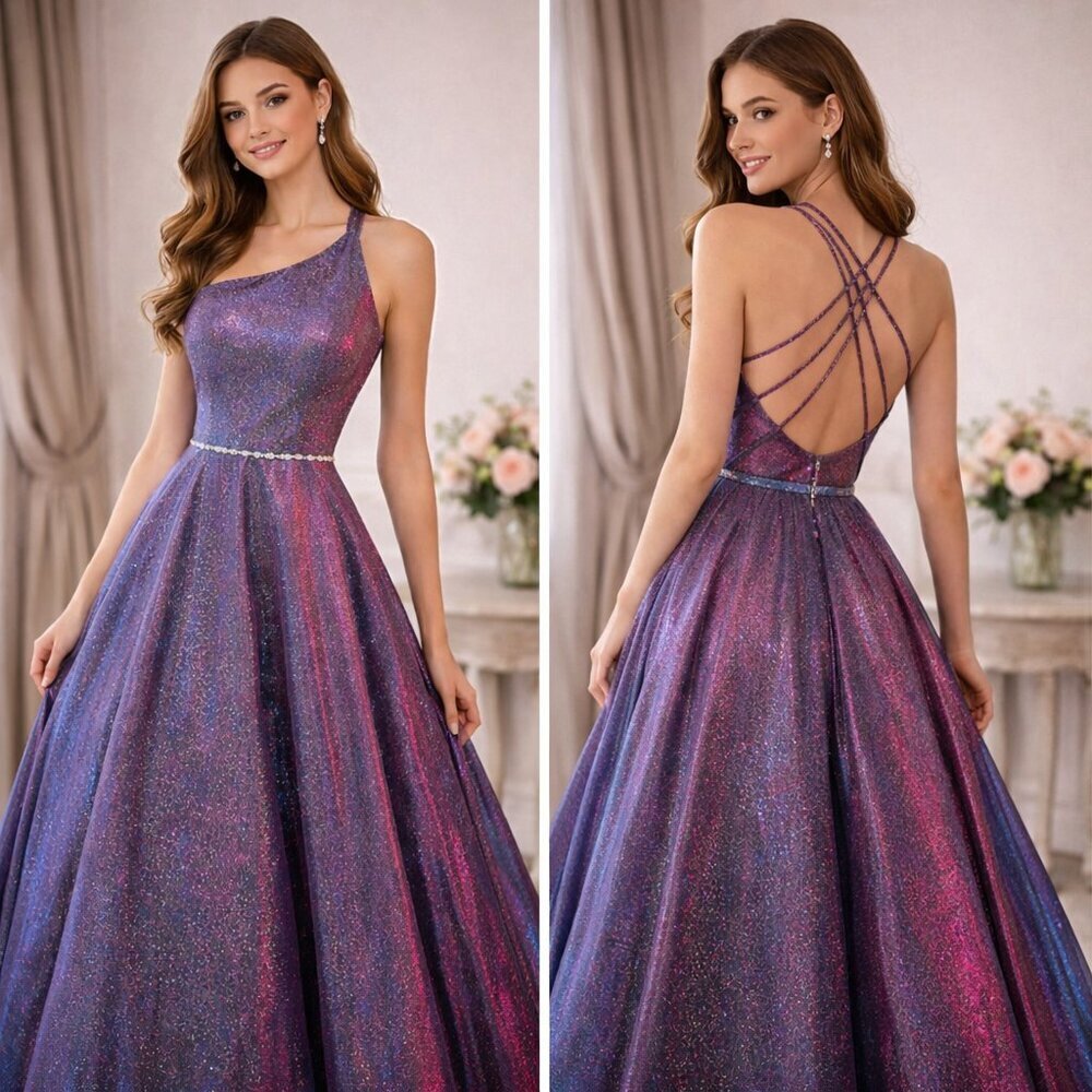 BLUSH PROM Purple Glitter One Shoulder Ball Gown Open Back Dress Size 2